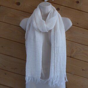 120% lino Off White Cream Fringe Lightweight Scarf Wrap Raw Edge